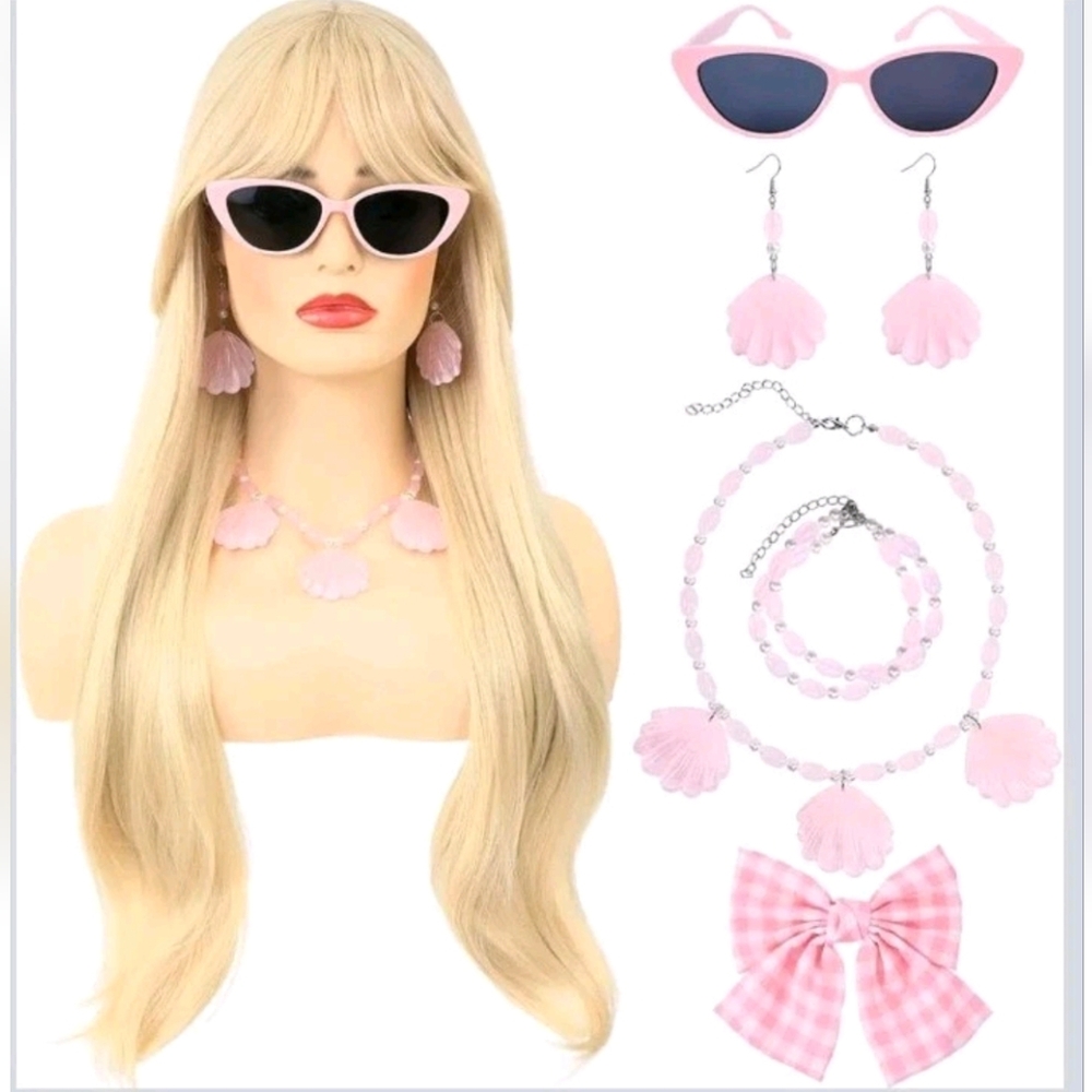 Morvally Blonde 24" Wig With Bangs and Barbie Like Accessories Brand New